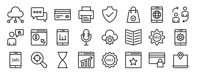 set of 24 outline web seo and marketing icons such as cloud computing, chat, business and finance, ink, check, bag, cellphone vector icons for report, presentation, diagram, web design, mobile app