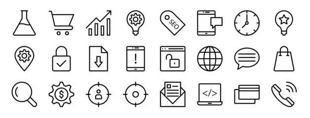 Fototapeta premium set of 24 outline web seo and marketing icons such as chemical, commerce, analytics, electricity, computer, cellphone, circular clock vector icons for report, presentation, diagram, web design,