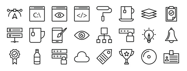 set of 24 outline web web design and programming icons such as de, browser, browser, browser, art and de, coffee, graphic de vector icons for report, presentation, diagram, web design, mobile app