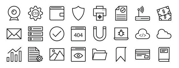 set of 24 outline web web design and programming icons such as cam, css, billfold, check, ink, archive, communications vector icons for report, presentation, diagram, web design, mobile app