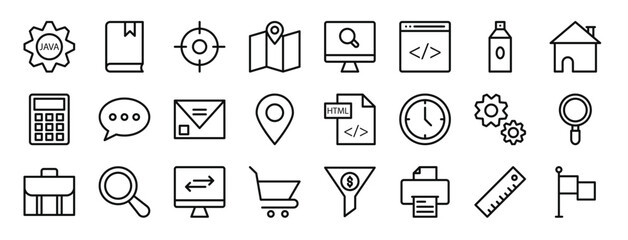 set of 24 outline web web design and programming icons such as cogwheel, book, aim, geography, computer, browser, art and de vector icons for report, presentation, diagram, web design, mobile app