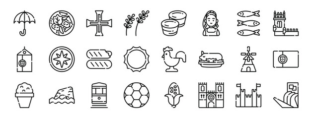 set of 24 outline web portugal icons such as umbrella, portuguese, portugal cross, lavender, pasteis de belem, portuguese, sardines vector icons for report, presentation, diagram, web design, mobile