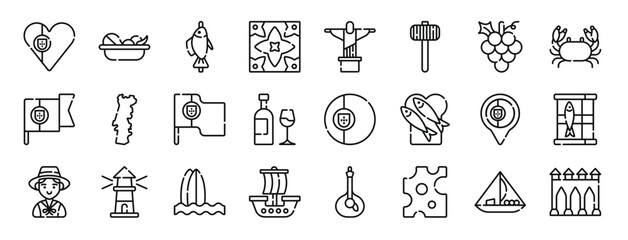Fototapeta na wymiar set of 24 outline web portugal icons such as portugal, food, fish, tile, jesus, hammer, grapes vector icons for report, presentation, diagram, web design, mobile app