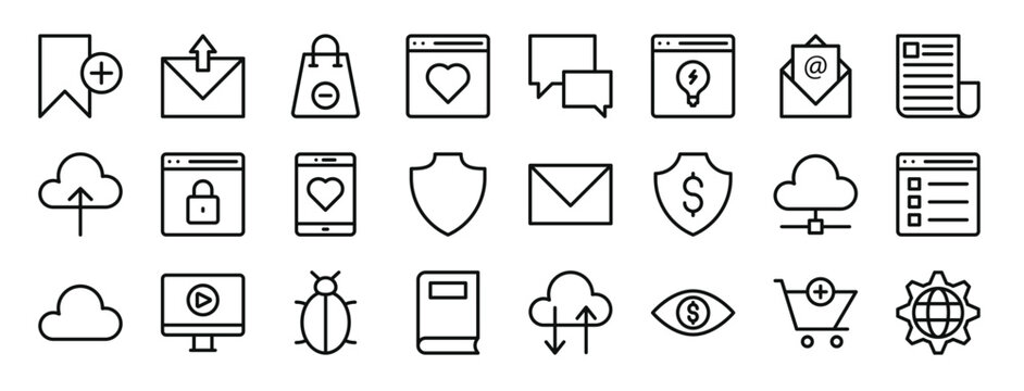 set of 24 outline web seo and marketing icons such as badge, email, bag, browser, chat, browser, communications vector icons for report, presentation, diagram, web design, mobile app