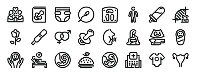 set of 24 outline web pregnancy icons such as family, book, diaper, fertilization, weight, man, feeder vector icons for report, presentation, diagram, web design, mobile app