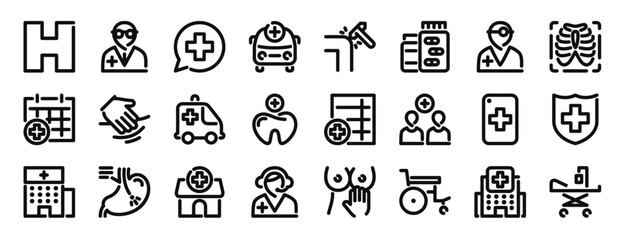 set of 24 outline web hospital icons such as hospital, doctor, chat, ambulance, reflex, medicine, doctor vector icons for report, presentation, diagram, web design, mobile app