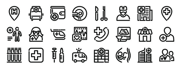 Fototapeta na wymiar set of 24 outline web hospital icons such as pin, ambulance, wallet, mri, surgery, surgeon, hospital vector icons for report, presentation, diagram, web design, mobile app