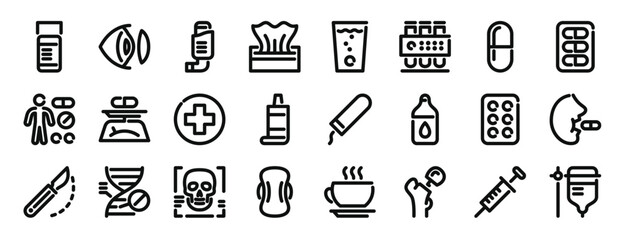 set of 24 outline web medicines icons such as pills, contact lens, inhaler, napkins, glass of water, test tubes, pill vector icons for report, presentation, diagram, web design, mobile app