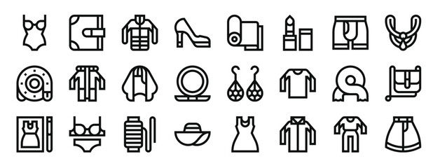 set of 24 outline web fashion icons such as swimwear, wallet, anorak, high heels, fabric, lipstick, boxers vector icons for report, presentation, diagram, web design, mobile app