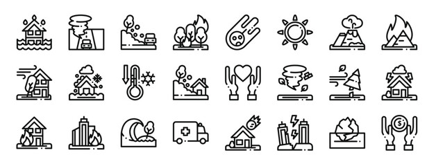 set of 24 outline web natural disaster icons such as ecology and environment, automobile, car, burning, asteroid, meteorology, danger vector icons for report, presentation, diagram, web design,