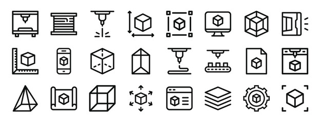set of 24 outline web d printing icons such as d printing, filament, d printer, cube, cube, cube vector icons for report, presentation, diagram, web design, mobile app