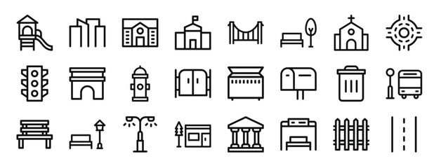 set of 24 outline web city icons such as playground, cityscape, mansion, city hall, bridge, park, church vector icons for report, presentation, diagram, web design, mobile app