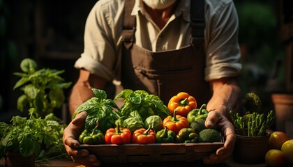 Close Up of Farmer Male Hands Holding Box with Organic Food. Generative ai