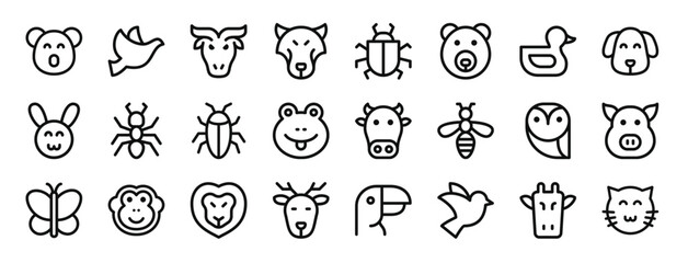 set of 24 outline web animal icons such as koala, bird, buffalo, wolf, bug, bear, duck vector icons for report, presentation, diagram, web design, mobile app