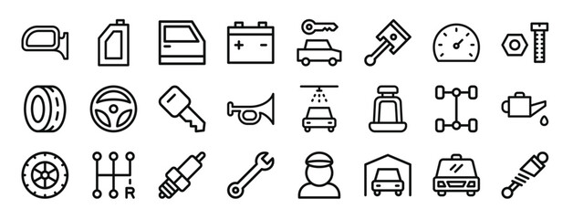 set of 24 outline web automobile icons such as rearview mirror, gasoline, car door, car, car, piston, speedometer vector icons for report, presentation, diagram, web design, mobile app