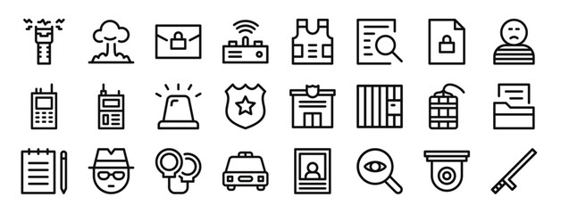 set of 24 outline web crime icons such as stun gun, explosion, confidential, transmitter, bulletproof vest, investigation, secret vector icons for report, presentation, diagram, web design, mobile © MacroOne