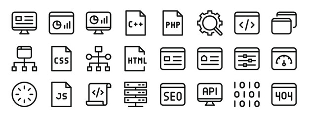 set of 24 outline web programming icons such as responsive, dashboard, web analytics, programming language, php, seo, coding vector icons for report, presentation, diagram, web design, mobile app