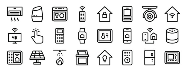 set of 24 outline web smart home icons such as air conditioner, home assistant, dishwasher, remote control, lock, sensor, cctv vector icons for report, presentation, diagram, web design, mobile app