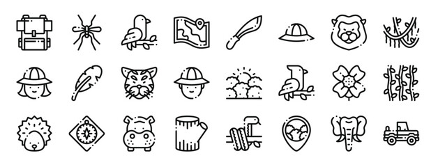 set of 24 outline web jungle icons such as backpack, mosquito, bird, map, hete, hat, lion vector icons for report, presentation, diagram, web design, mobile app