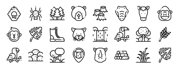 set of 24 outline web jungle icons such as beehive, spider, trees, bear, trunk, crocodile, horse vector icons for report, presentation, diagram, web design, mobile app