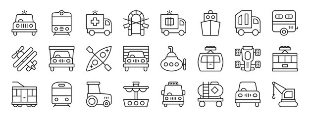 set of 24 outline web transport icons such as police car, tram, ambulance, inflatable boat, police van, cargo ship, garbage truck vector icons for report, presentation, diagram, web design, mobile