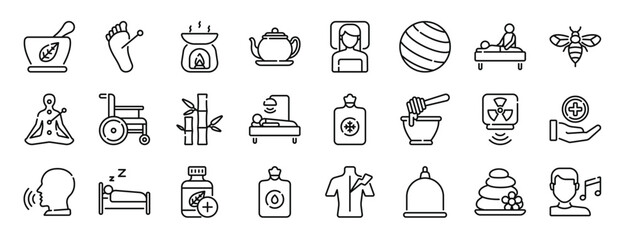 set of 24 outline web theraphy icons such as herbal, acupuncture, aromatherapy, tea pot, spa, exercise, massage vector icons for report, presentation, diagram, web design, mobile app - obrazy, fototapety, plakaty
