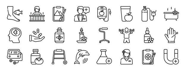 Fototapeta na wymiar set of 24 outline web theraphy icons such as fish, warm water, art therapy, doctor, iv, juice, oxygen tank vector icons for report, presentation, diagram, web design, mobile app