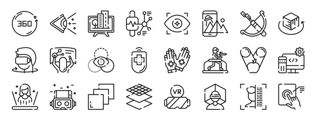 Fototapeta na wymiar set of 24 outline web virtual reality icons such as degrees, vision, television, smartwatch, eye, augmented reality, arc vector icons for report, presentation, diagram, web design, mobile app