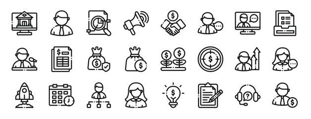set of 24 outline web business icons such as internet, businessman, analyzing, promotion, deal, male, video call vector icons for report, presentation, diagram, web design, mobile app