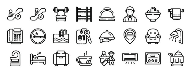 set of 24 outline web hotel icons such as or, or, gym, bunk bed, bell, male, sink vector icons for report, presentation, diagram, web design, mobile app