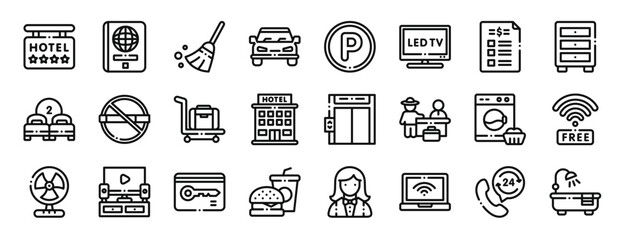 set of 24 outline web hotel icons such as , passport, broom, car, parking, led, price list vector icons for report, presentation, diagram, web design, mobile app