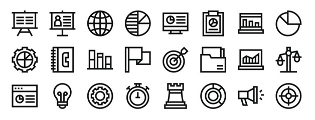 set of 24 outline web strategy and management icons such as presentation, presentation, ization, graphic, computer, report, laptop vector icons for report, presentation, diagram, web design, mobile