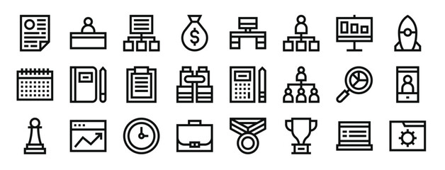 set of 24 outline web strategy and management icons such as report, boss, management, money bag, workplace, management, presentation vector icons for report, presentation, diagram, web design,
