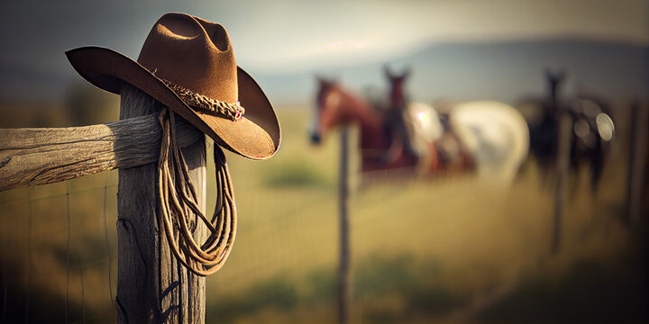A cowboy hat and lasso hang from the ranch's wooden fence. AI generated.