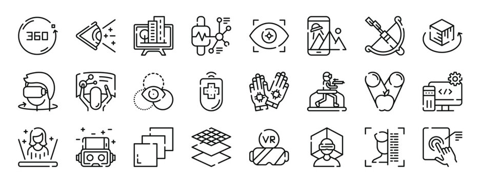 set of 24 outline web virtual reality icons such as degrees, vision, television, smartwatch, eye, augmented reality, arc vector icons for report, presentation, diagram, web design, mobile app