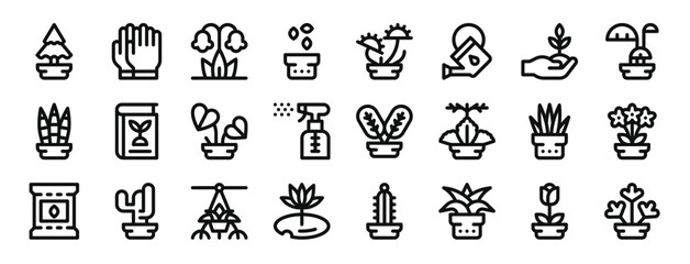 set of 24 outline web house plants icons such as pine, gloves, harebell, seeds, carnivorous plant, watering can, sprout vector icons for report, presentation, diagram, web design, mobile app
