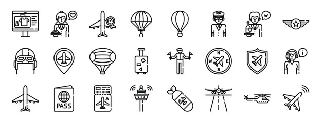 set of 24 outline web aviation icons such as scan, stewardess, flight time, parachute, hot air balloon, pilot, stewardess vector icons for report, presentation, diagram, web design, mobile app - obrazy, fototapety, plakaty