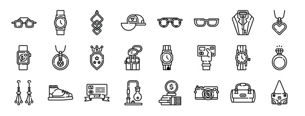set of 24 outline web luxury shop icons such as glasses, watch, earrings, cap, glasses, glasses, suit vector icons for report, presentation, diagram, web design, mobile app