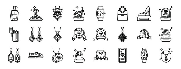set of 24 outline web luxury shop icons such as perfume, treasure, necklace, treasure, watch, bag, stiletto vector icons for report, presentation, diagram, web design, mobile app