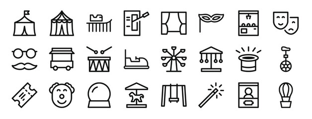 set of 24 outline web carnival icons such as circus, carnival, roller coaster, lever, stage, masquerade, claw hine vector icons for report, presentation, diagram, web design, mobile app
