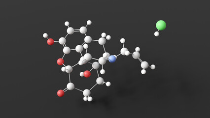 naloxone hydrochloride molecule, molecular structure, opioid antagonist, ball and stick 3d model, structural chemical formula with colored atoms