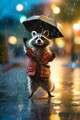 Playful Raccoon Having Fun in the Rainy Weather AI generated