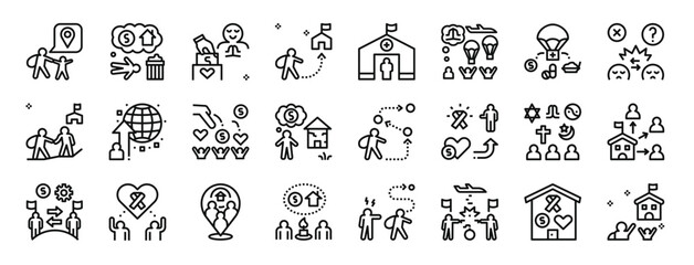 set of 24 outline web refugee crisis icons such as migration, homeless, donation, asylum, camp, humanitarian, relief vector icons for report, presentation, diagram, web design, mobile app