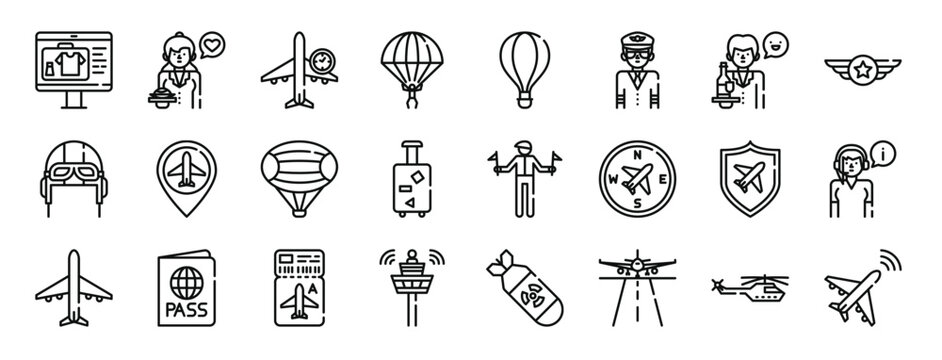 set of 24 outline web aviation icons such as scan, stewardess, flight time, parachute, hot air balloon, pilot, stewardess vector icons for report, presentation, diagram, web design, mobile app