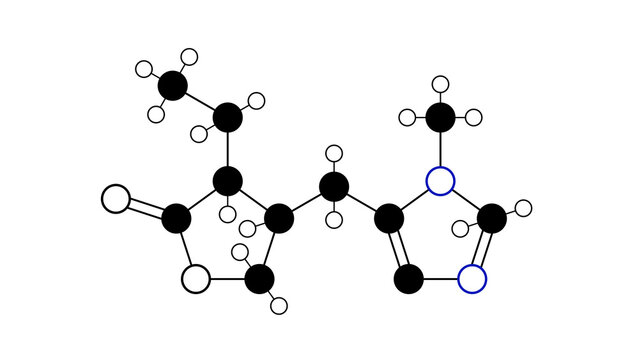 pilocarpine molecule, structural chemical formula, ball-and-stick model, isolated image ophthalmic glaucoma agents