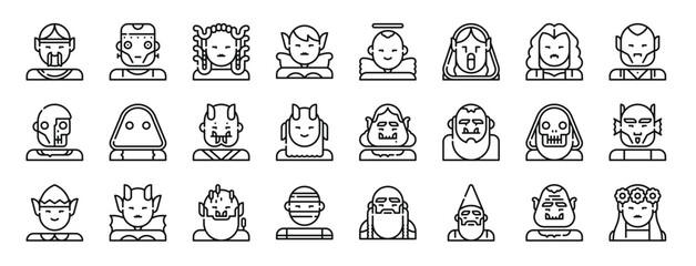 set of 24 outline web fantastic characters icons such as genie, monster, gorgon, fairy, angel, banshee, vampire vector icons for report, presentation, diagram, web design, mobile app