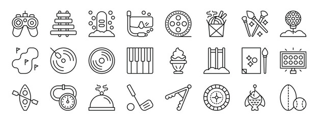 Fototapeta premium set of 24 outline web hobbies icons such as gamepad, xylophone, snowboarding, snorkeling, film reel, asian, art vector icons for report, presentation, diagram, web design, mobile app