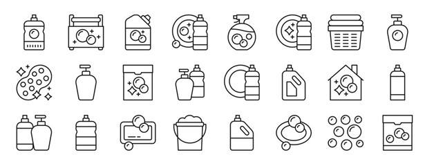 set of 24 outline web housekeeping icons such as cleaner, cleaning, detergent, cleaner, spray, cleaner, laundry basket vector icons for report, presentation, diagram, web design, mobile app