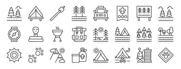 set of 24 outline web scouts icons such as outdoors, tent, marshmallow, trees, car, rank, forest vector icons for report, presentation, diagram, web design, mobile app