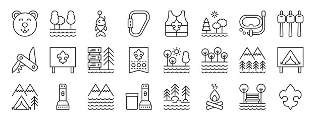 set of 24 outline web scouts icons such as bear, trees, fishhook, carabiner, life vest, nature, snorkel vector icons for report, presentation, diagram, web design, mobile app